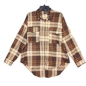 Spoon Jeans Plaid Flannel Button Up‎ Shirt XL High Low Brown Plaid  Round Hem